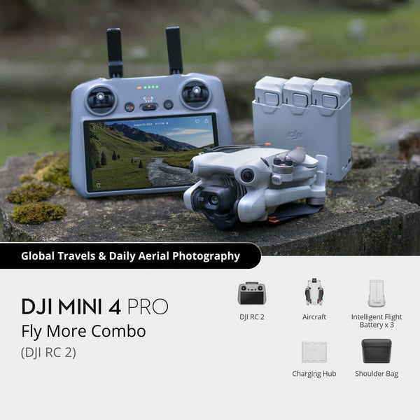 DJI Mini 4 Pro Fly More Combo مع وحدة تحكم DJI RC 2 – طائرة درون 4K، بطارية متدرجة، وميزات متقدمة 