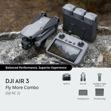 DJI Air 3 Fly More Combo مع وحدة تحكم DJI RC 2 – مجموعة درون متقدمة مع زمن طيران مطوّل.