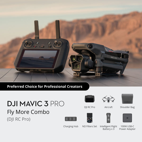 DJI Mavic 3 Pro Fly More Combo مع وحدة تحكم DJI RC Pro – كاميرا 6K، ميزات متقدمة، وبطارية مدمجة 